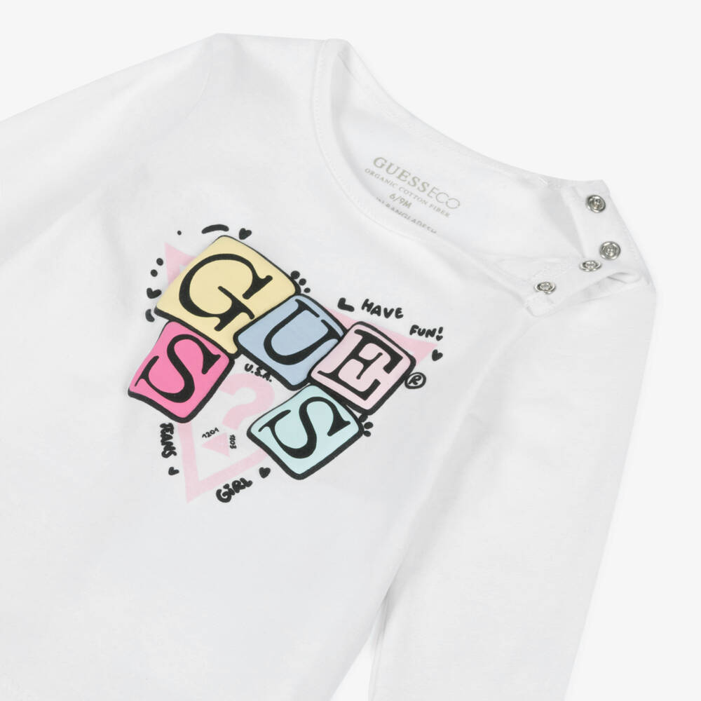 Guess-Baby Girls White Cotton Logo Block Top | Childrensalon Outlet