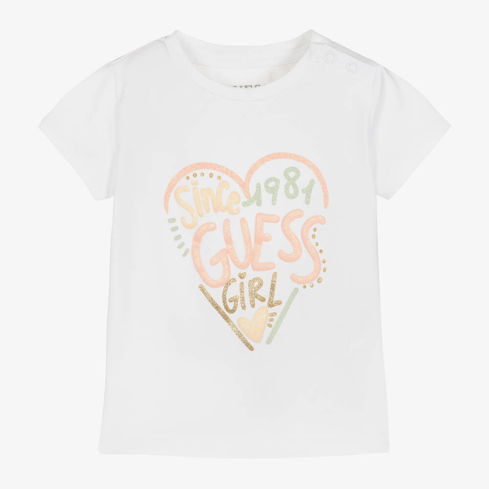 Guess - Baby Girls White Cotton Logo T-Shirt | Childrensalon