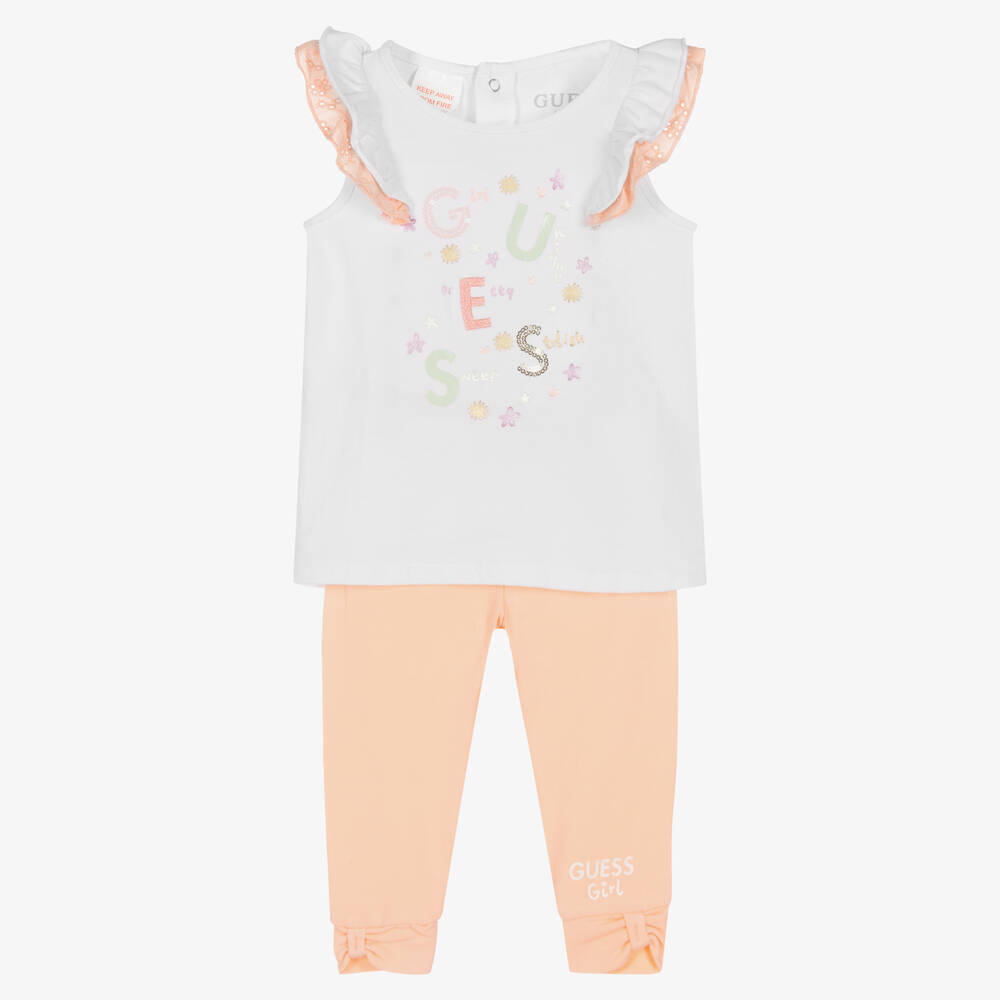 Guess - Baby Girls White & Pink Cotton Leggings Set | Childrensalon