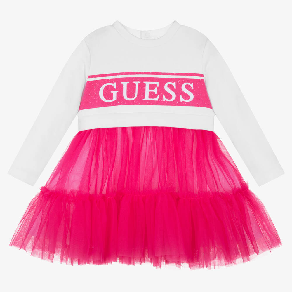 Guess - فستان أطفال بناتي قطن وتول لون أبيض وزهري | Childrensalon