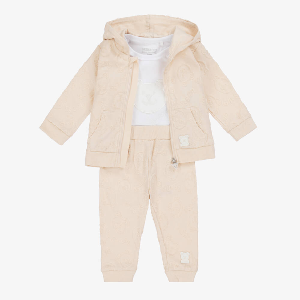Guess-Beige Cotton Baby Tracksuit Set | Childrensalon Outlet