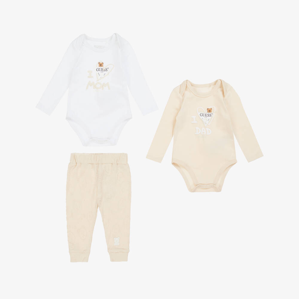 Guess-Beige Cotton Baby Trouser Set | Childrensalon Outlet