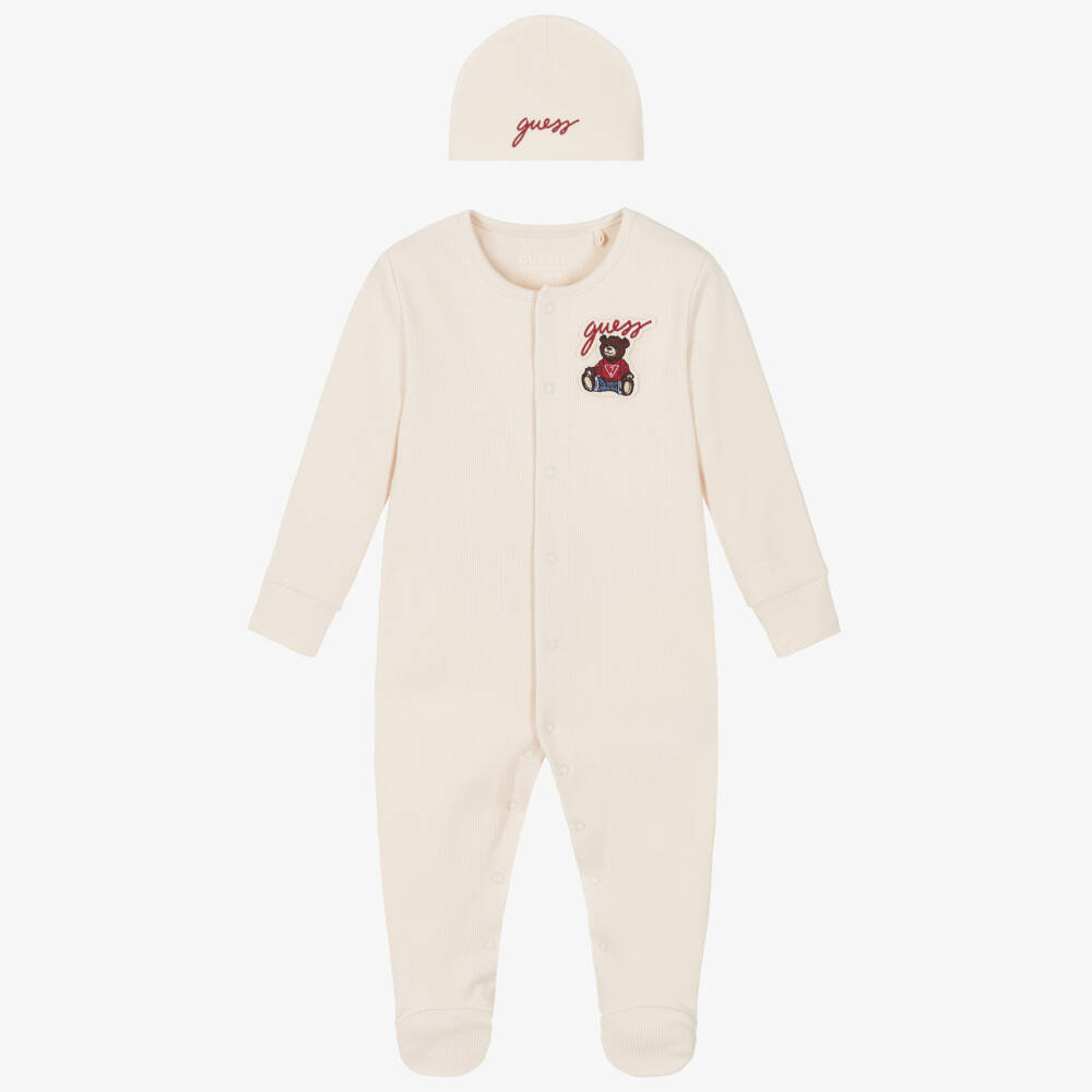 Guess-Beige Cotton Babygrow Set with Teddy Bear Logo | Childrensalon Outlet