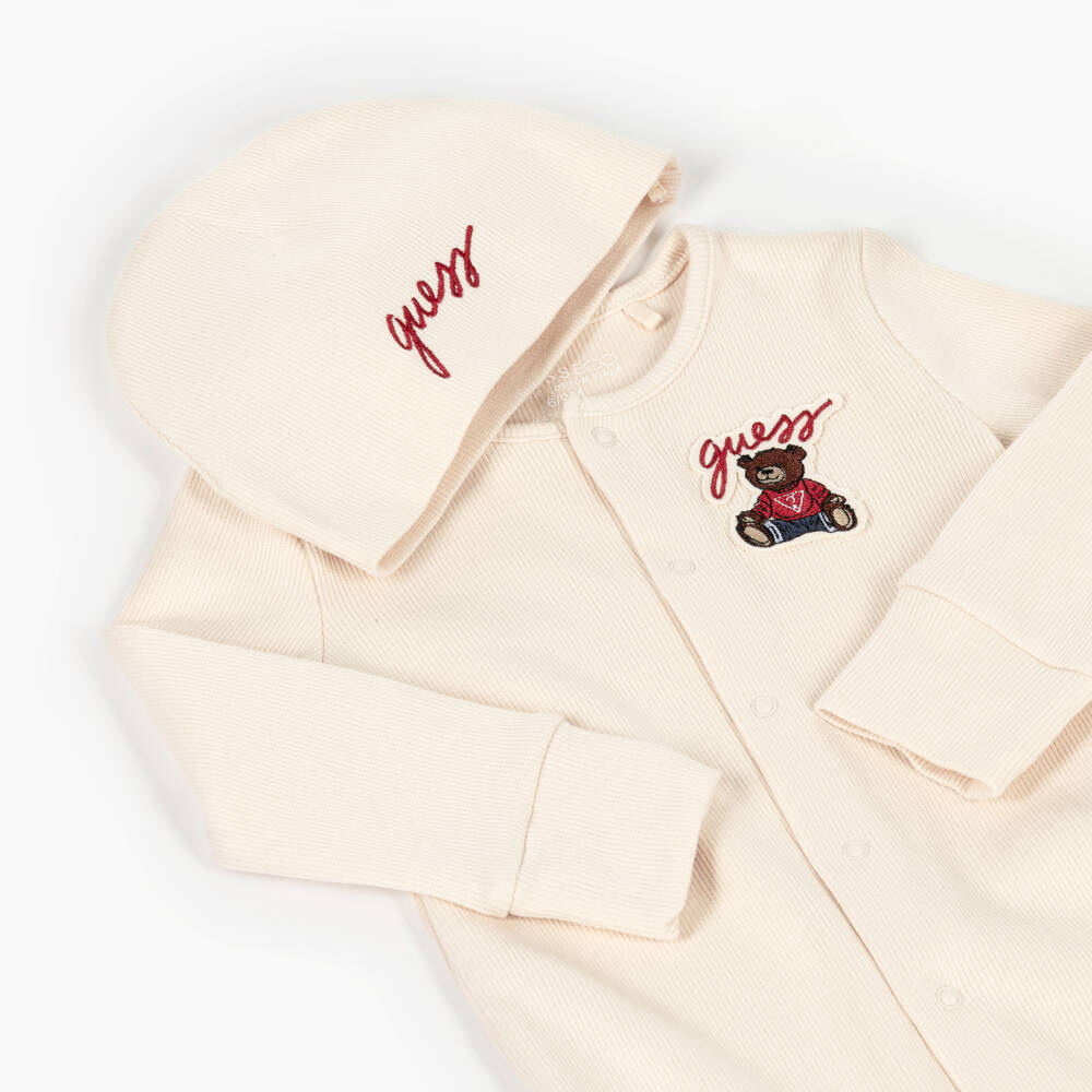 Guess-Beige Cotton Babygrow Set with Teddy Bear Logo | Childrensalon Outlet