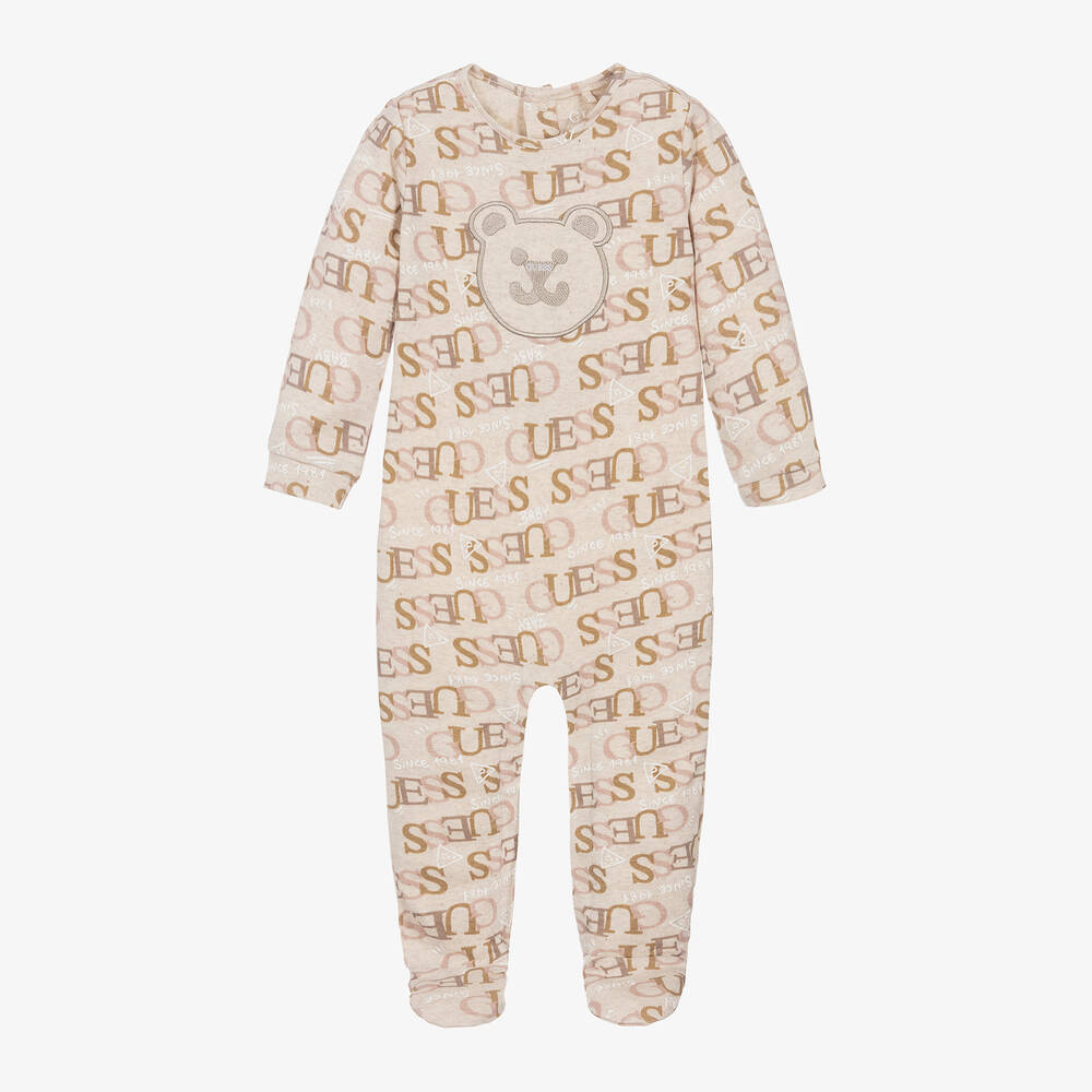 Guess-Бежевый хлопковый комбинезон с мишкой и логотипами | Childrensalon Outlet