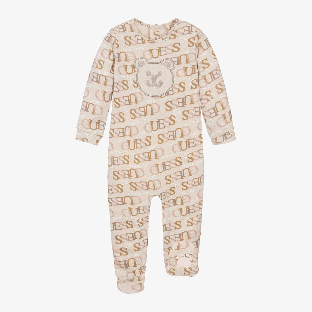 Guess-Beige Cotton Bear Logo Babygrow | Childrensalon Outlet