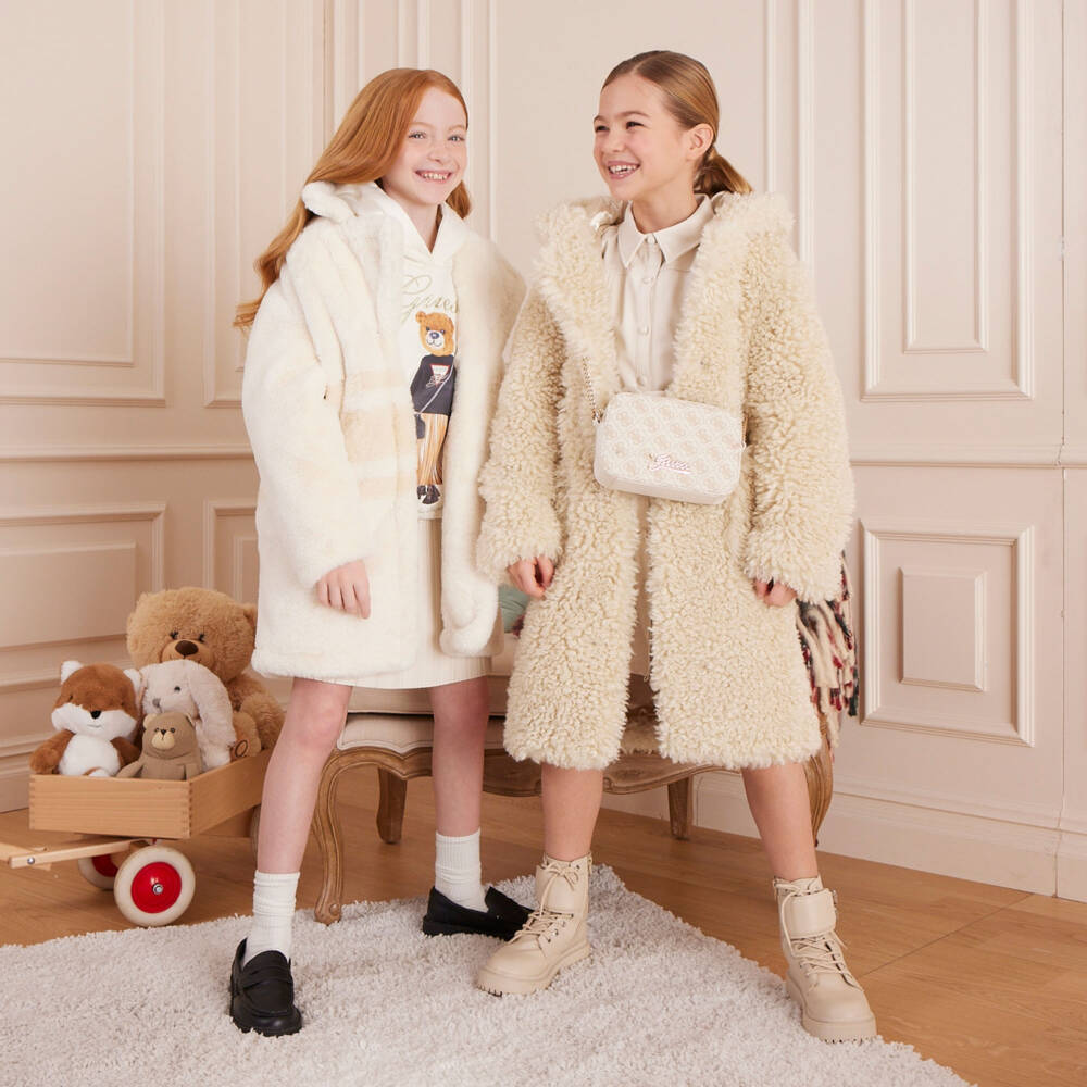 Guess-Beige Fluffy Long Hooded Coat | Childrensalon Outlet