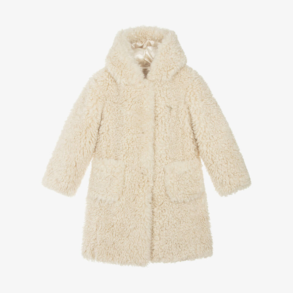 Guess-Beige Fluffy Long Hooded Coat | Childrensalon Outlet