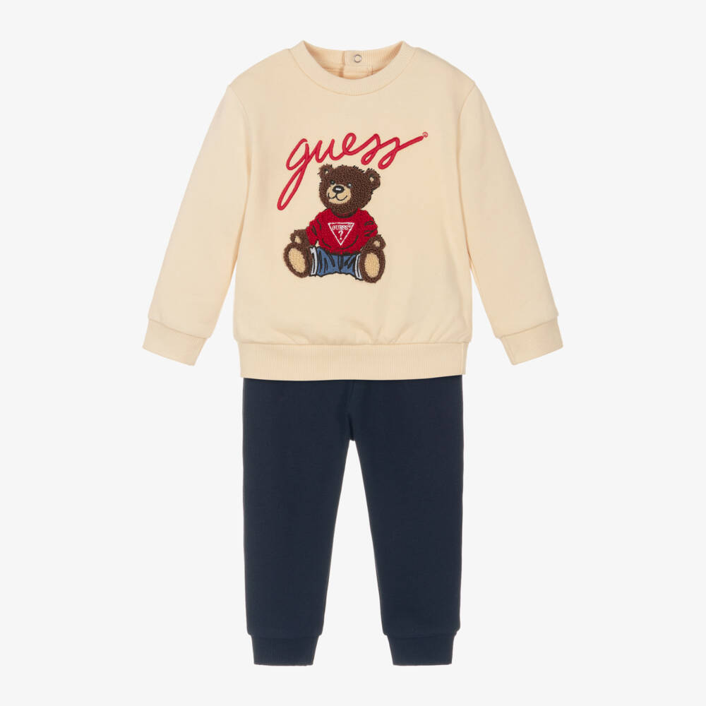 Guess-Beige & Navy Blue Cotton Teddy Bear Baby Tracksuit | Childrensalon Outlet
