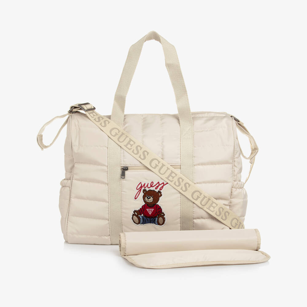 Guess-Beige Quilted Changing Bag with Bear Embroidery (45cm) | Childrensalon Outlet
