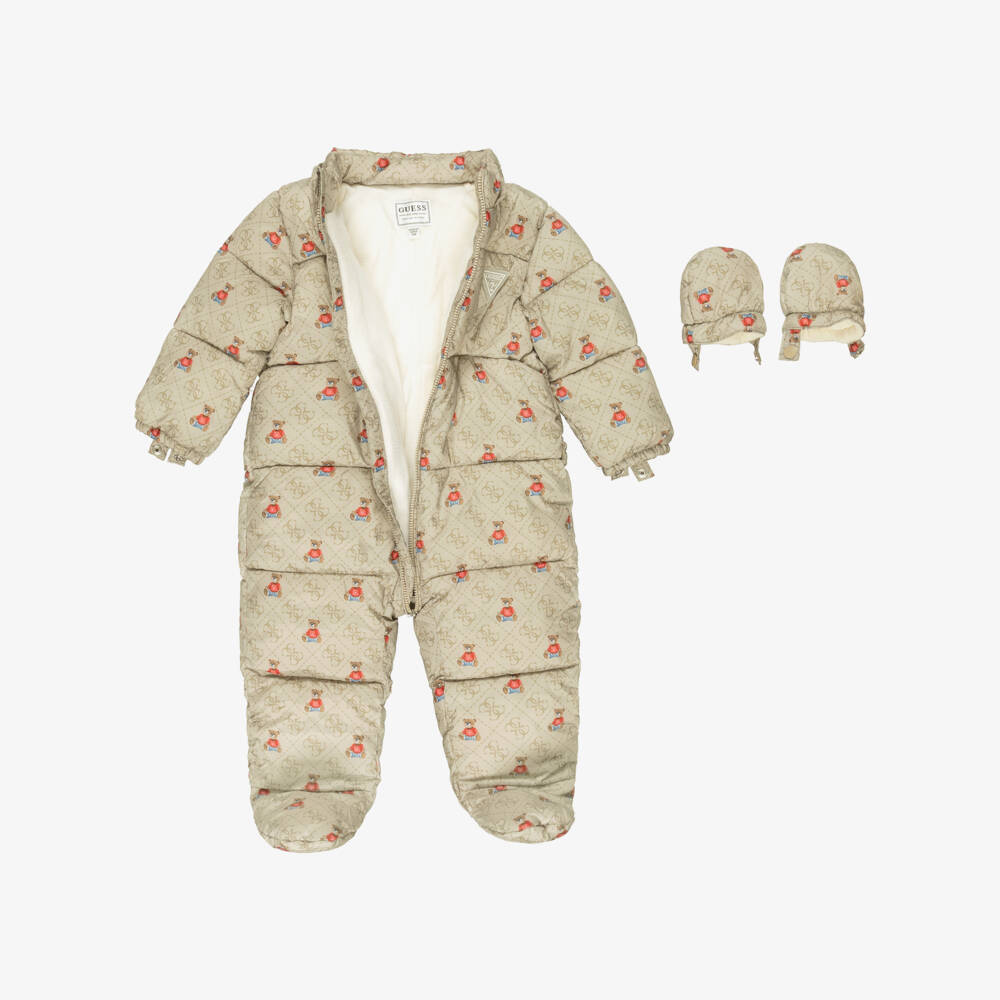 Guess-Beige Teddy & 4G Logo Baby Snowsuit | Childrensalon Outlet