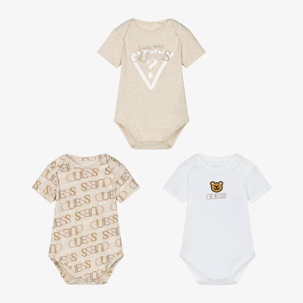Guess-Beige & White Cotton Bodyvests (3 Pack) | Childrensalon Outlet