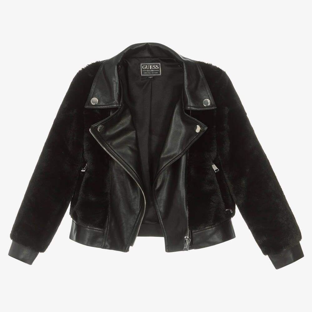 Guess-Black Faux Leather & Fur Jacket | Childrensalon Outlet