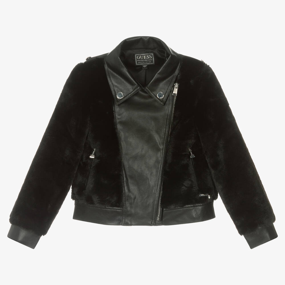 Guess - Veste noire simili cuir et fourrure | Childrensalon