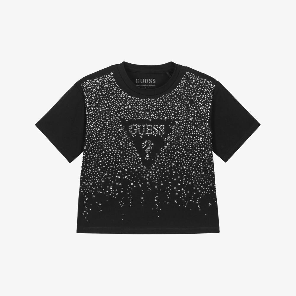 Guess-Черная футболка с логотипом из страз | Childrensalon Outlet