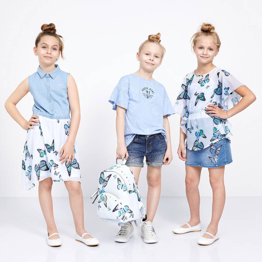 Guess-بلوز شيفون لون أزرق باهت بطبعة فراشات | Childrensalon Outlet