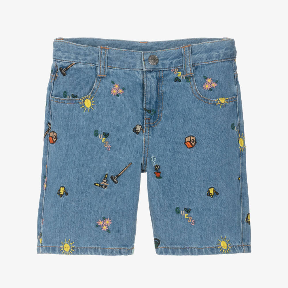 Guess-Blue Denim Embroidered Shorts | Childrensalon Outlet