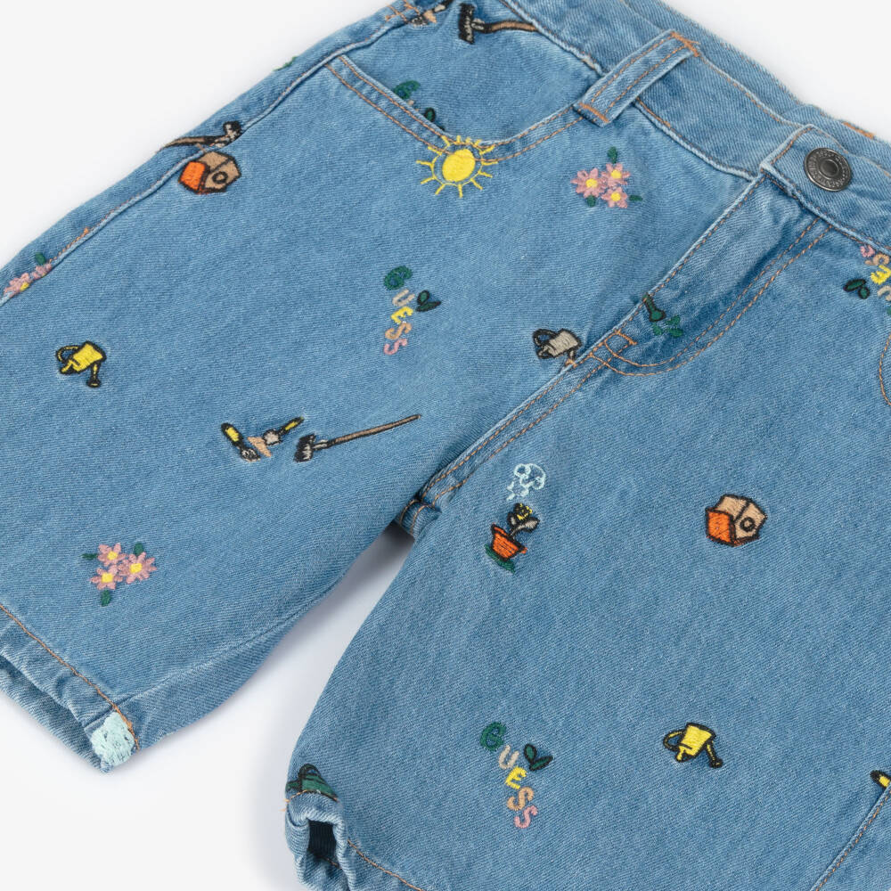 Guess-Blue Denim Embroidered Shorts | Childrensalon Outlet