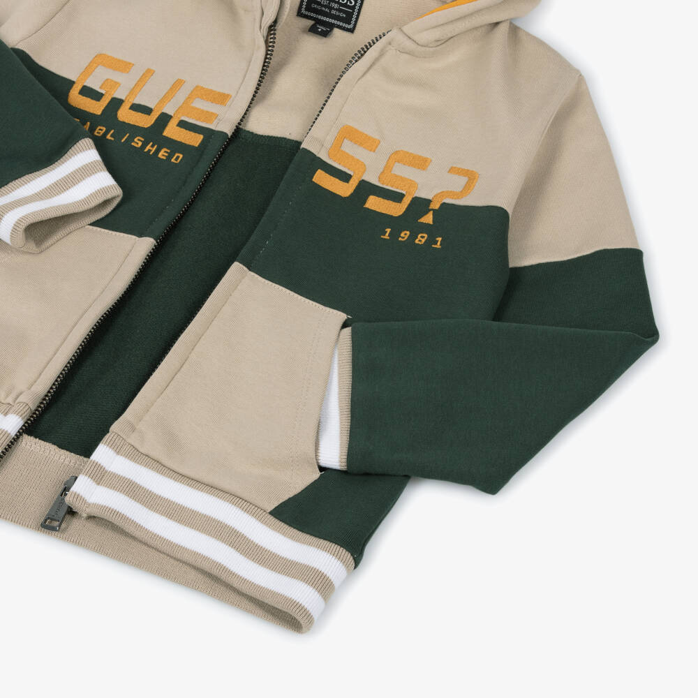 Guess-Boy Beige & Green Logo Zip Up Hoodie | Childrensalon Outlet