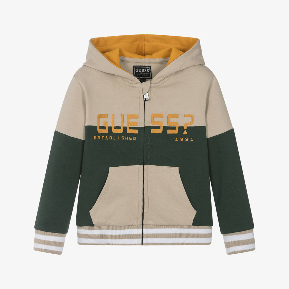 Guess-Boy Beige & Green Logo Zip Up Hoodie | Childrensalon Outlet