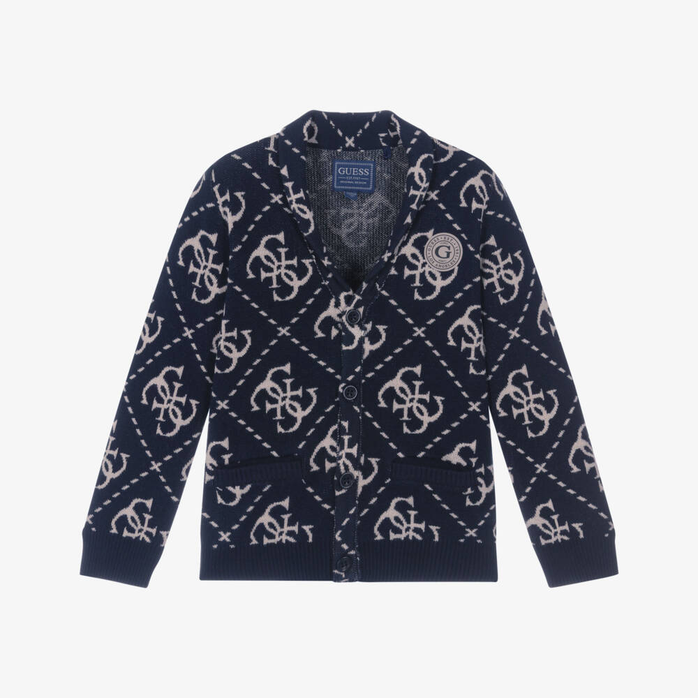 Guess-Boy Navy Blue 4G Logo Intarsia Cardigan | Childrensalon Outlet