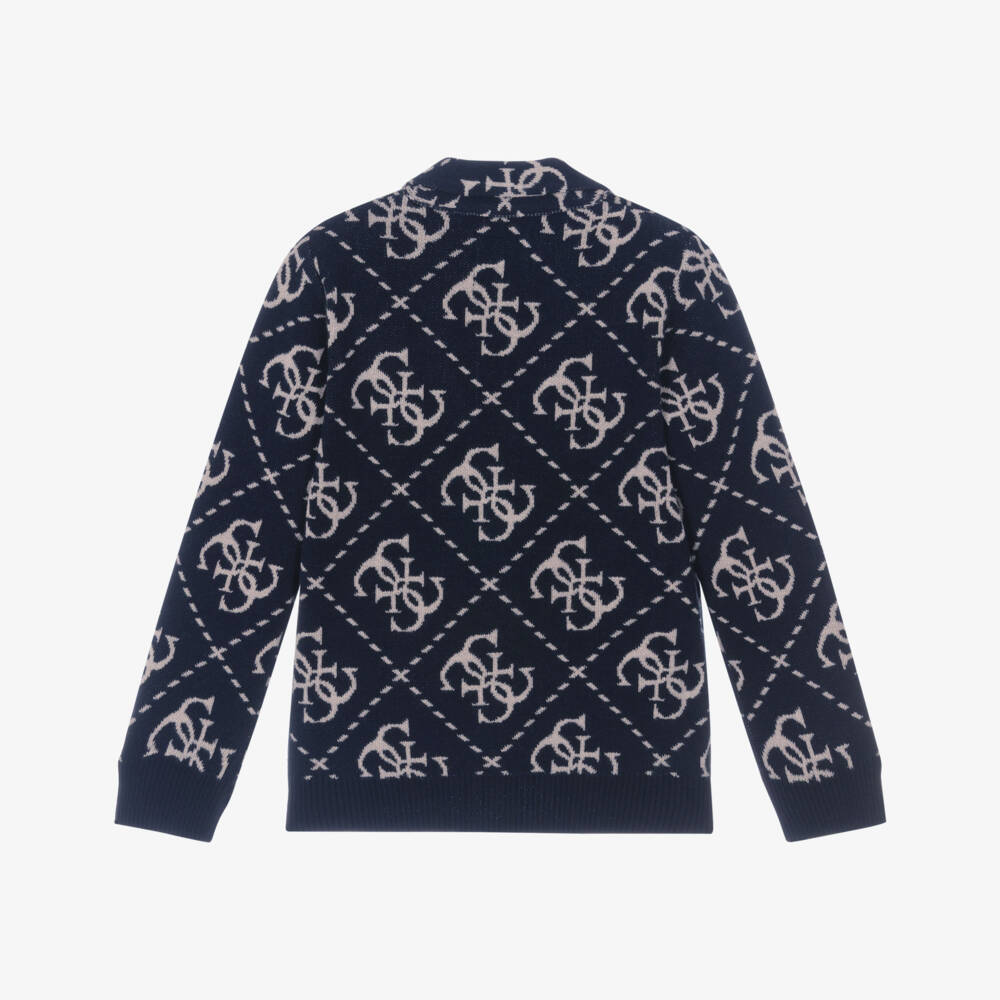 Guess-Boy Navy Blue 4G Logo Intarsia Cardigan | Childrensalon Outlet