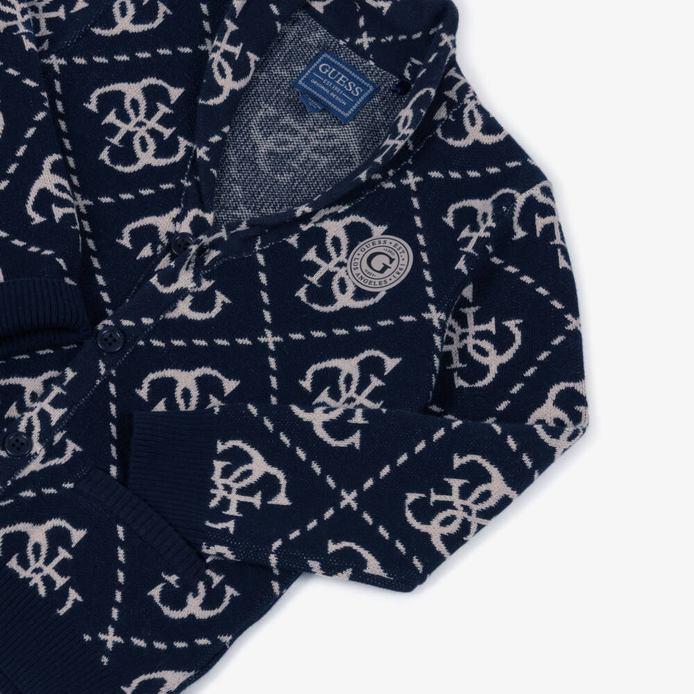 Guess-Boy Navy Blue 4G Logo Intarsia Cardigan | Childrensalon Outlet