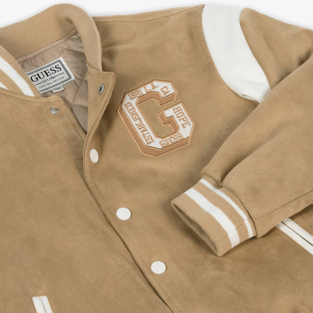 Guess-Boys Beige Suede-Style Varsity Coat | Childrensalon Outlet