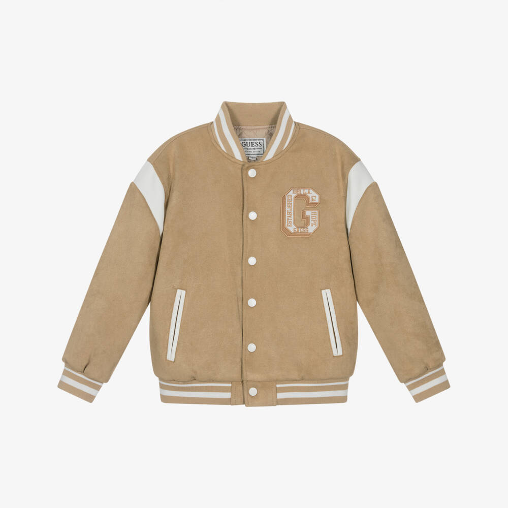 Guess-Boys Beige Suede-Style Varsity Coat | Childrensalon Outlet