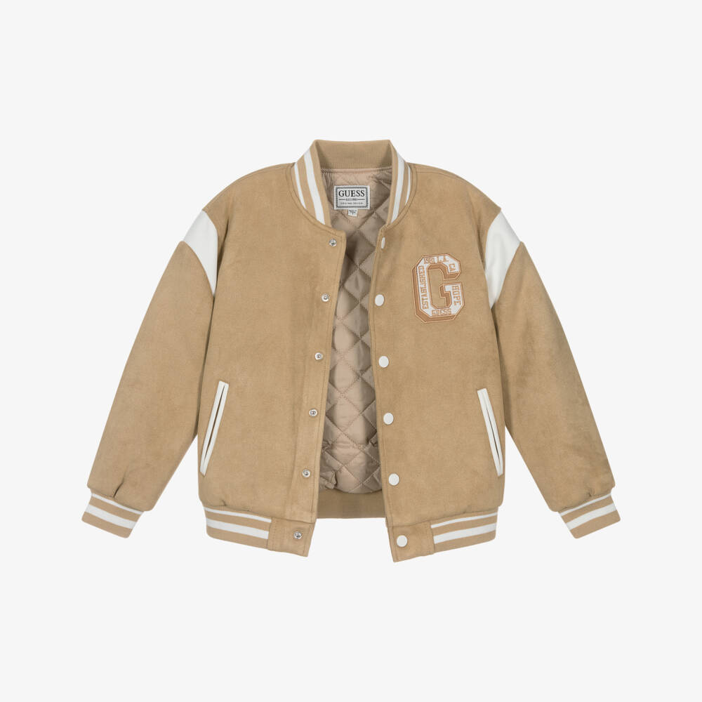 Guess-Boys Beige Suede-Style Varsity Coat | Childrensalon Outlet