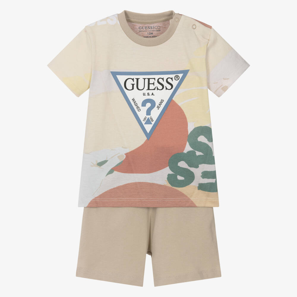 Guess-Boys Beige Tropical Cotton Shorts Ensemble | Childrensalon Outlet