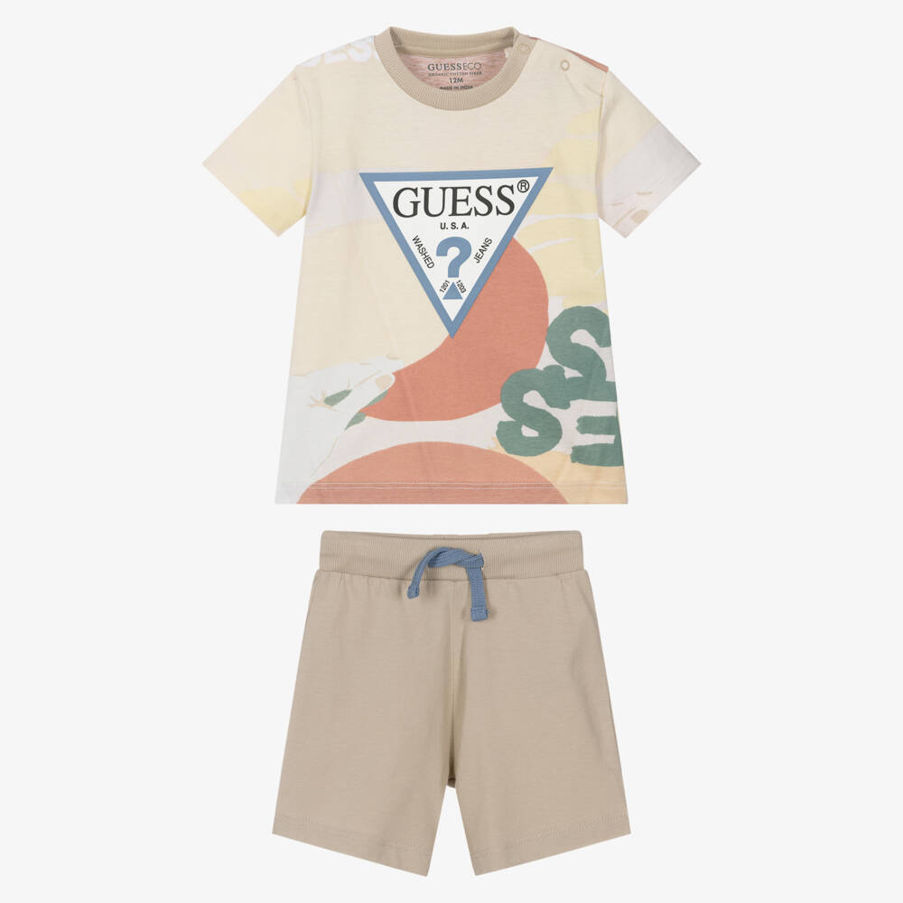 Guess-Boys Beige Tropical Cotton Shorts Ensemble | Childrensalon Outlet