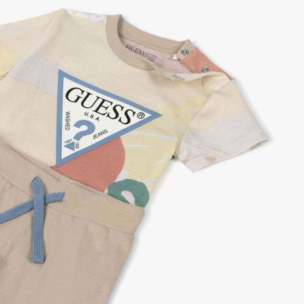 Guess-Boys Beige Tropical Cotton Shorts Ensemble | Childrensalon Outlet