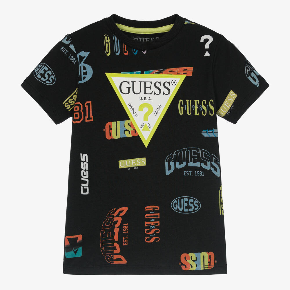 Guess - T-shirt noir imprimé coton garçon | Childrensalon