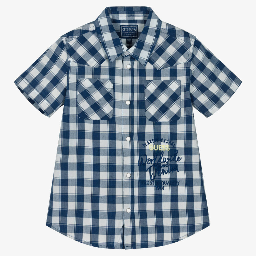 Guess - Chemise bleue en coton à carreaux | Childrensalon