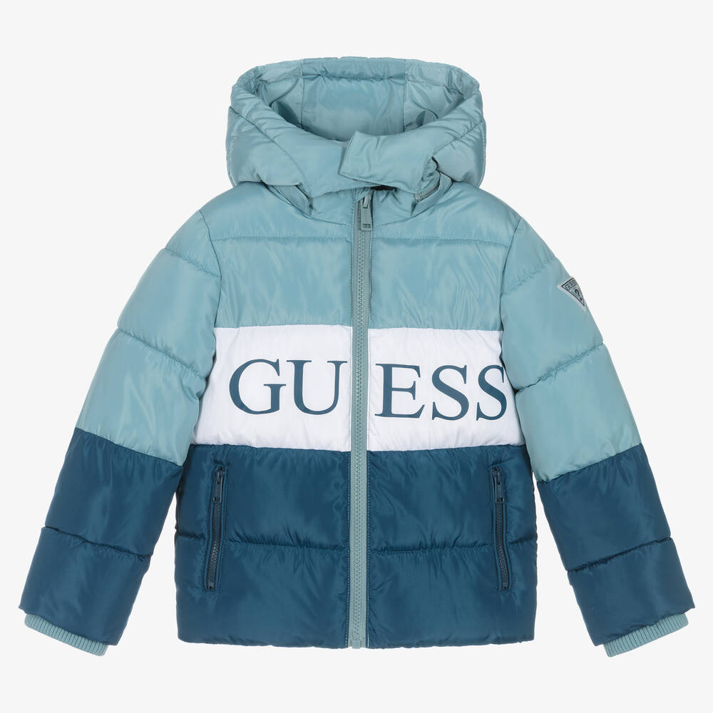 Guess - Boys Blue Colourblock Puffer Jacket | Childrensalon