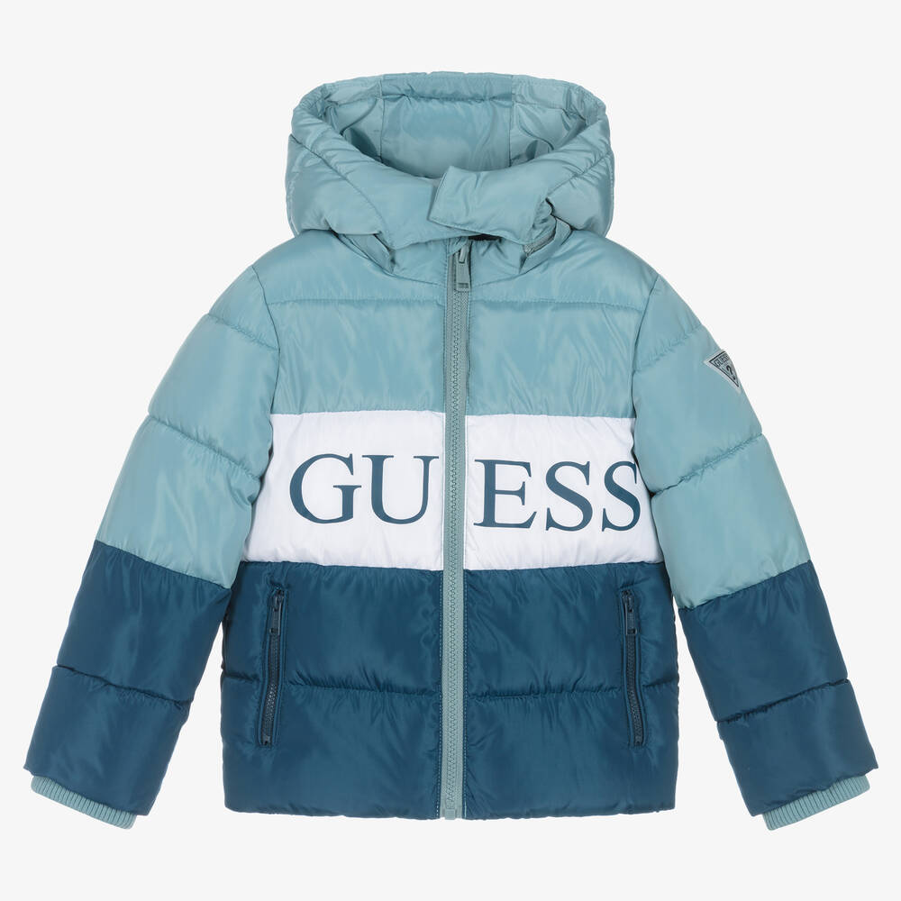 Guess - جاكيت بافر لون أزرق بألوان بلوك للأولاد | Childrensalon