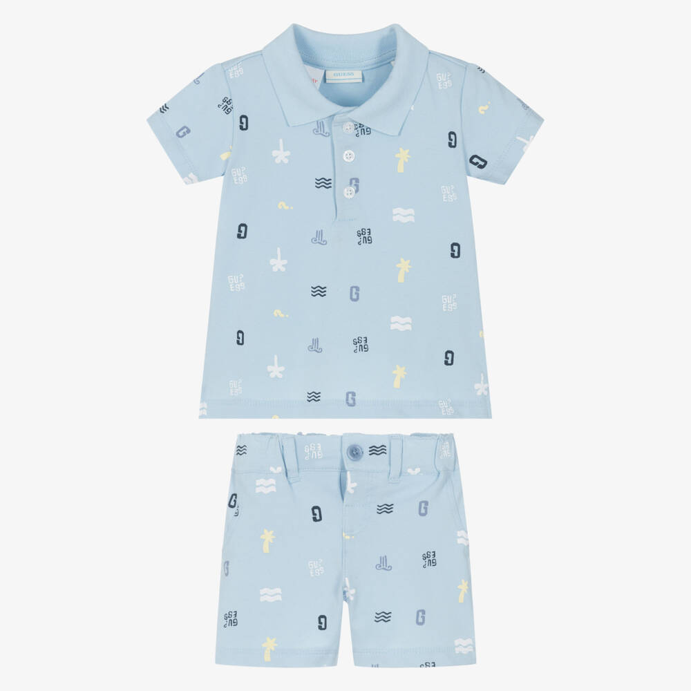 Guess-Boys Blue Cotton Icon Shorts Ensemble | Childrensalon Outlet