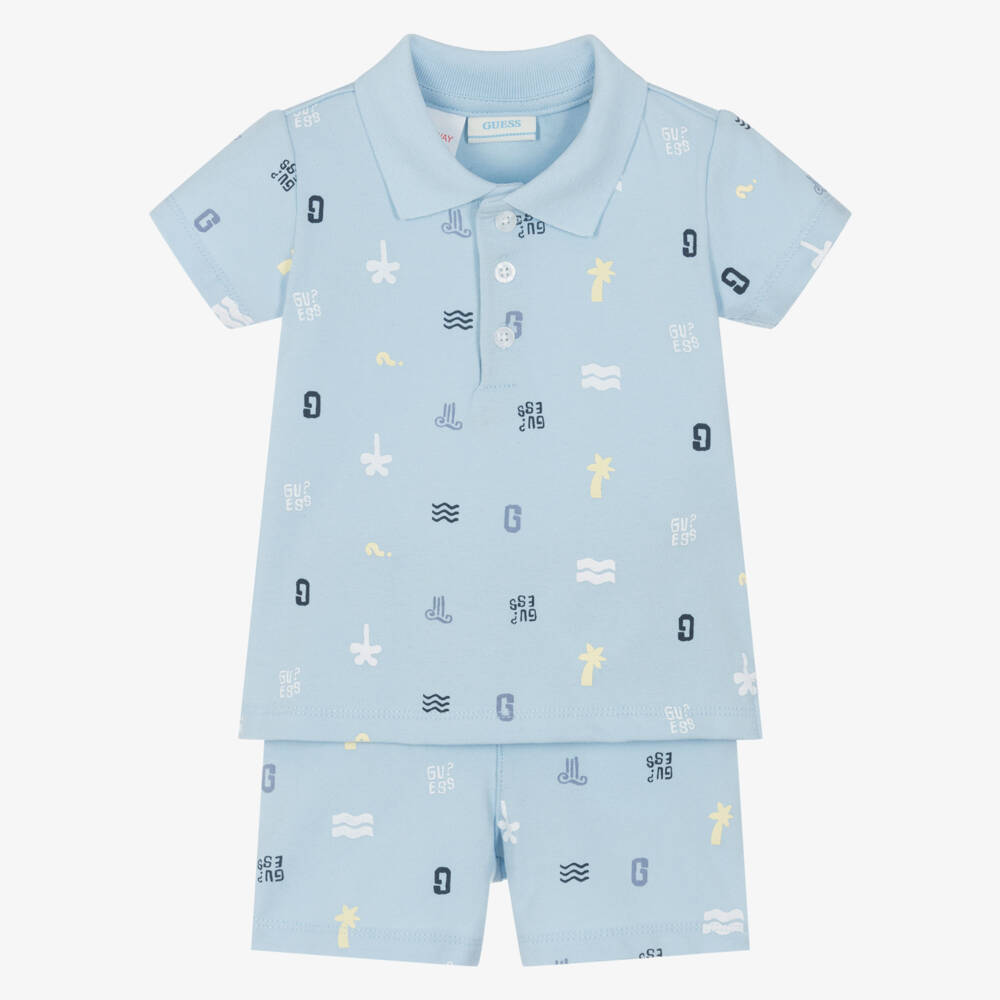 Guess-Boys Blue Cotton Icon Shorts Ensemble | Childrensalon Outlet