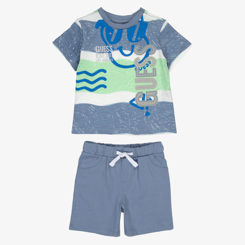Guess-Boys Blue Cotton Logo Shorts Ensemble | Childrensalon Outlet