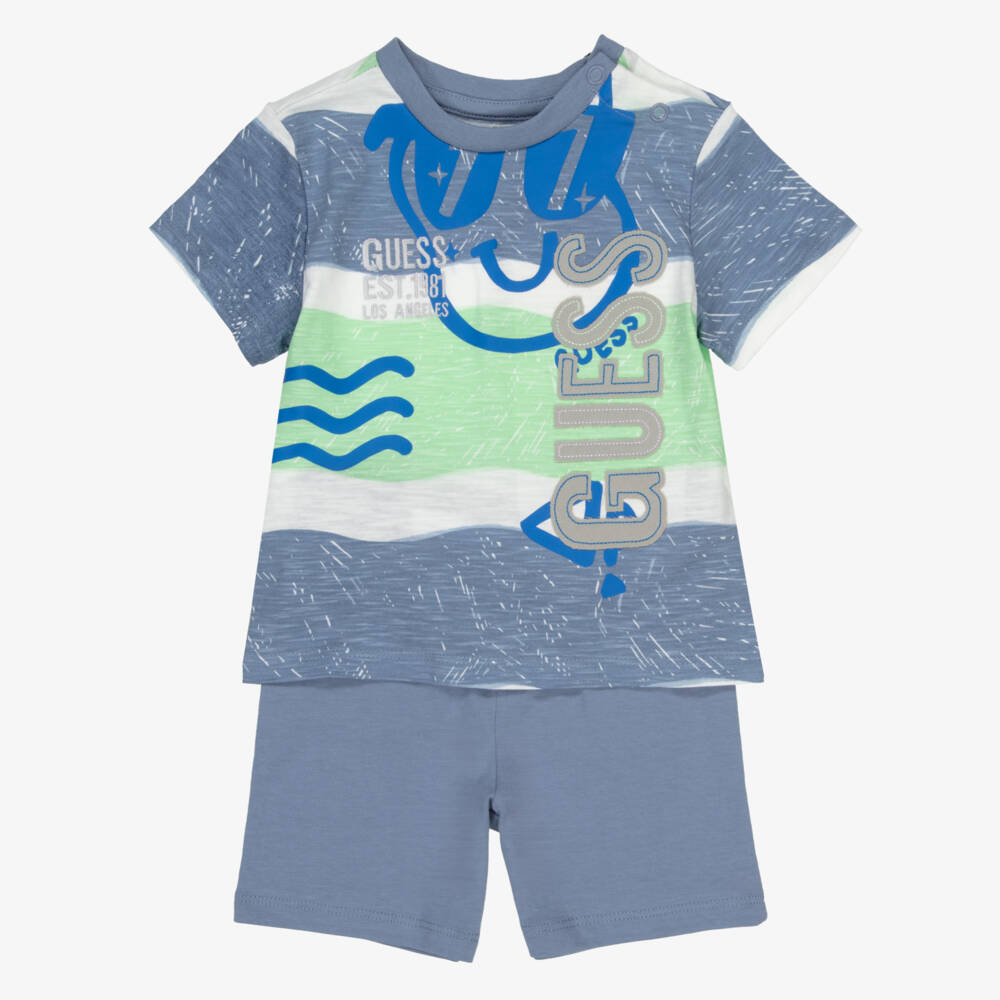 Guess-Boys Blue Cotton Logo Shorts Ensemble | Childrensalon Outlet