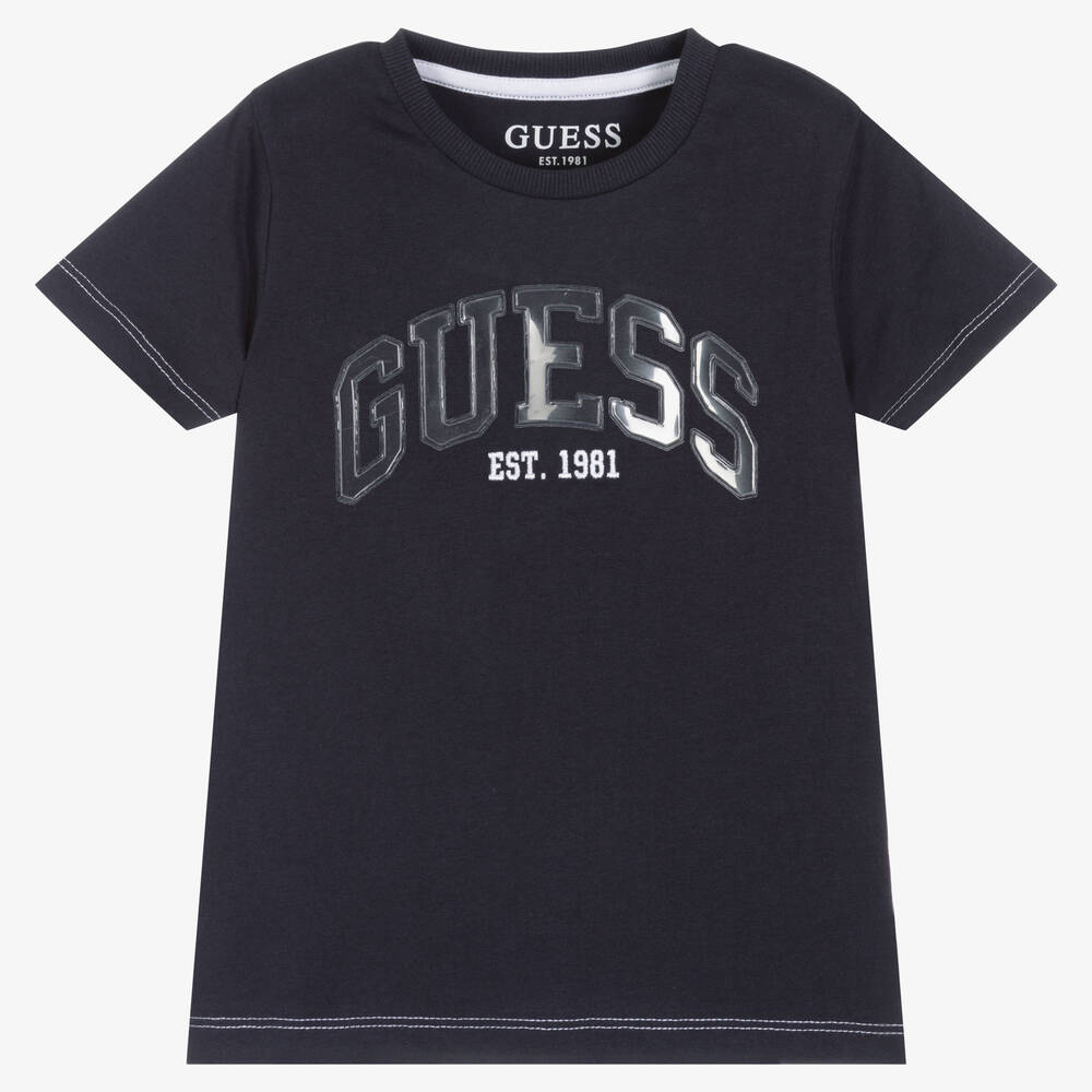 Guess - Boys Blue Logo Cotton Logo T-Shirt | Childrensalon