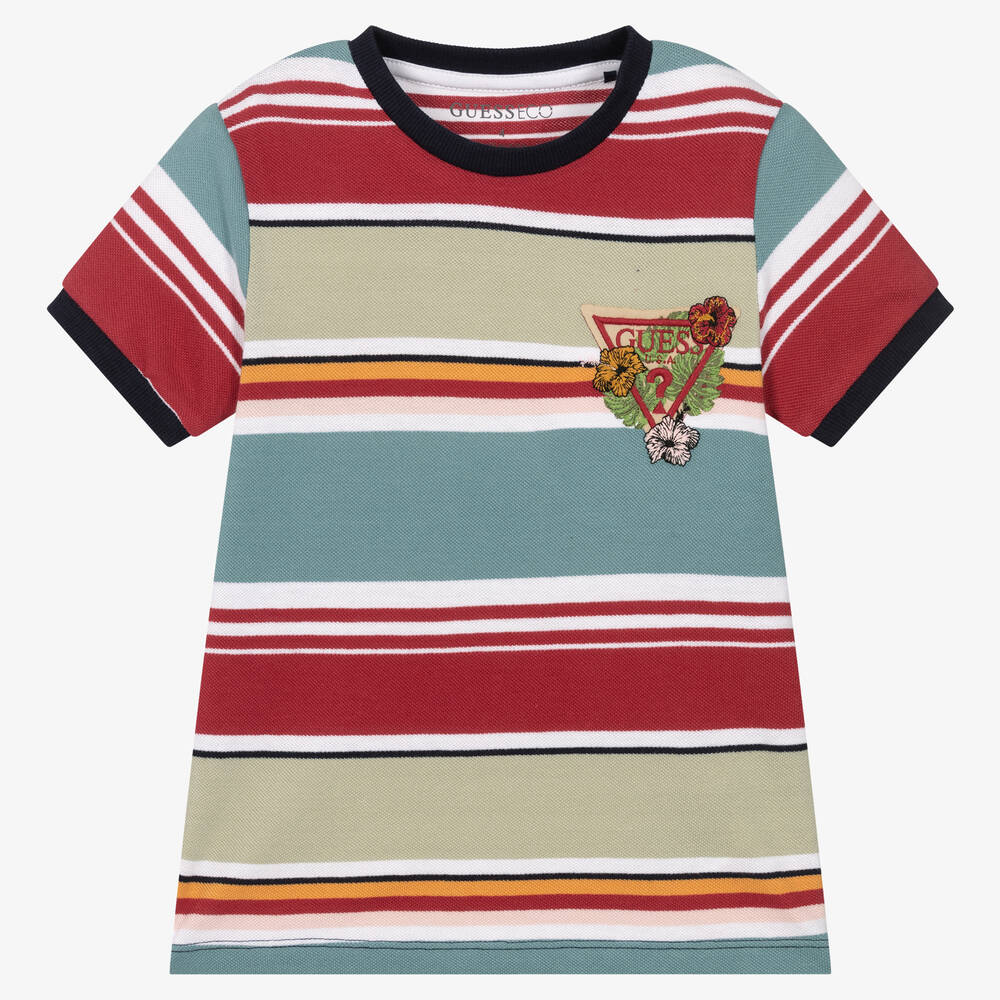 Guess - Boys Blue Stripe Cotton Logo T-Shirt | Childrensalon