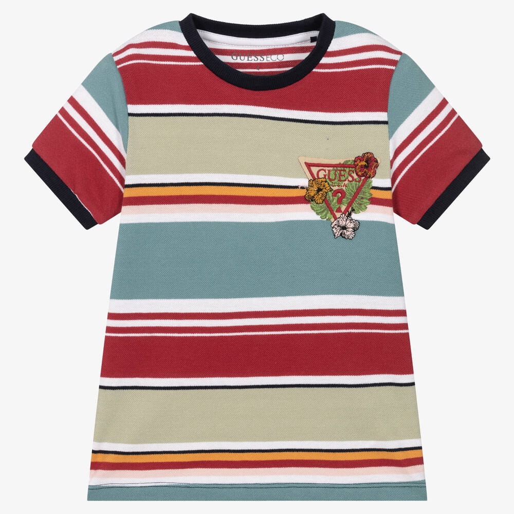 Guess - T-shirt bleu rayé en coton garçon | Childrensalon