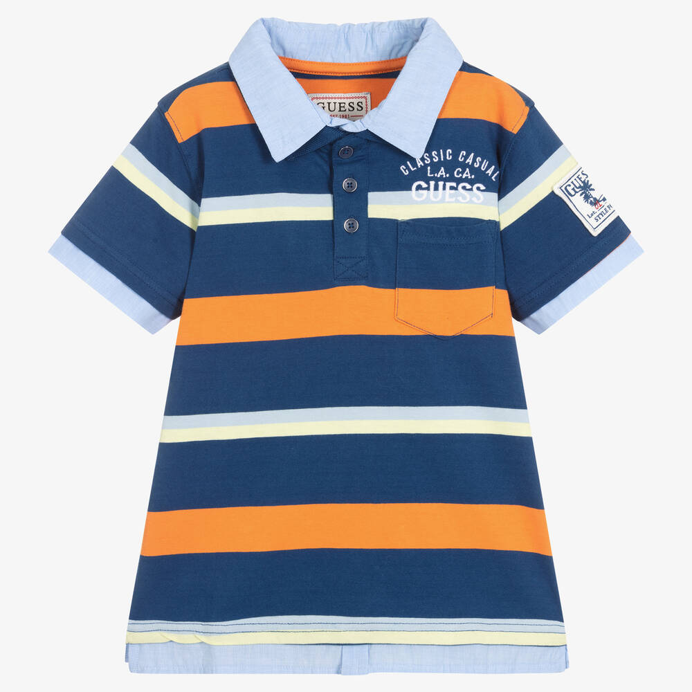 Guess - Boys Blue Striped Organic Cotton Polo Shirt | Childrensalon