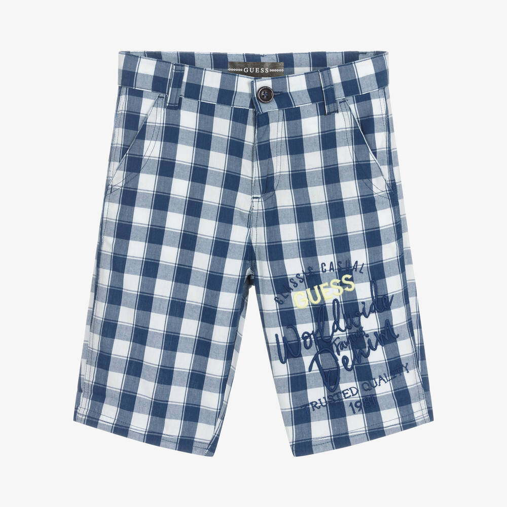 Guess - Boys Blue & White Check Cotton Shorts | Childrensalon