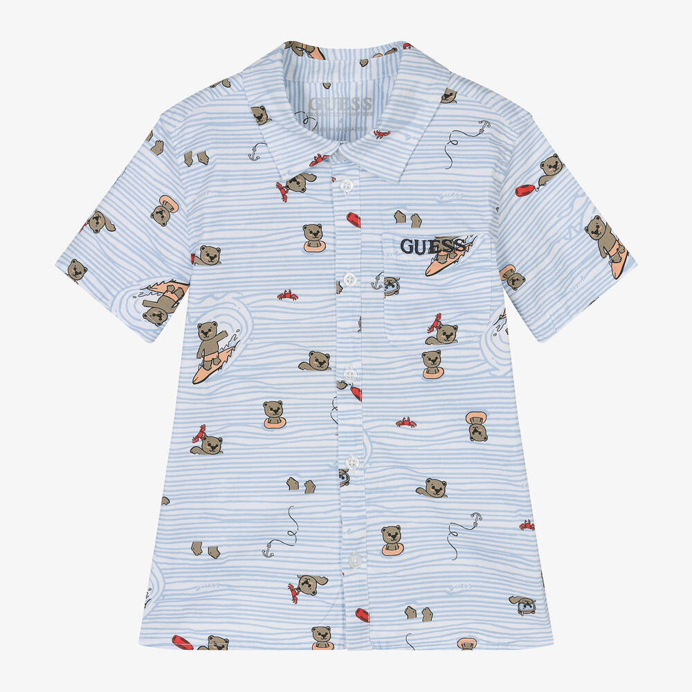 Guess-Бело-голубая хлопковая рубашка с медведями для мальчиков | Childrensalon Outlet