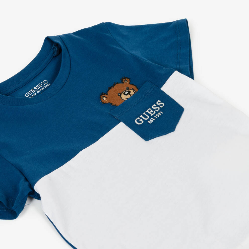 Guess-Boys Blue & White Cotton Teddy Bear Pocket T-Shirt | Childrensalon Outlet
