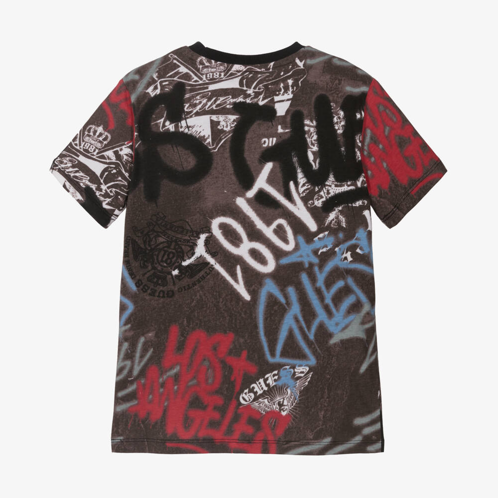 Guess-تي شيرت قطني بني برسومات جرافيتي للأولاد | Childrensalon Outlet