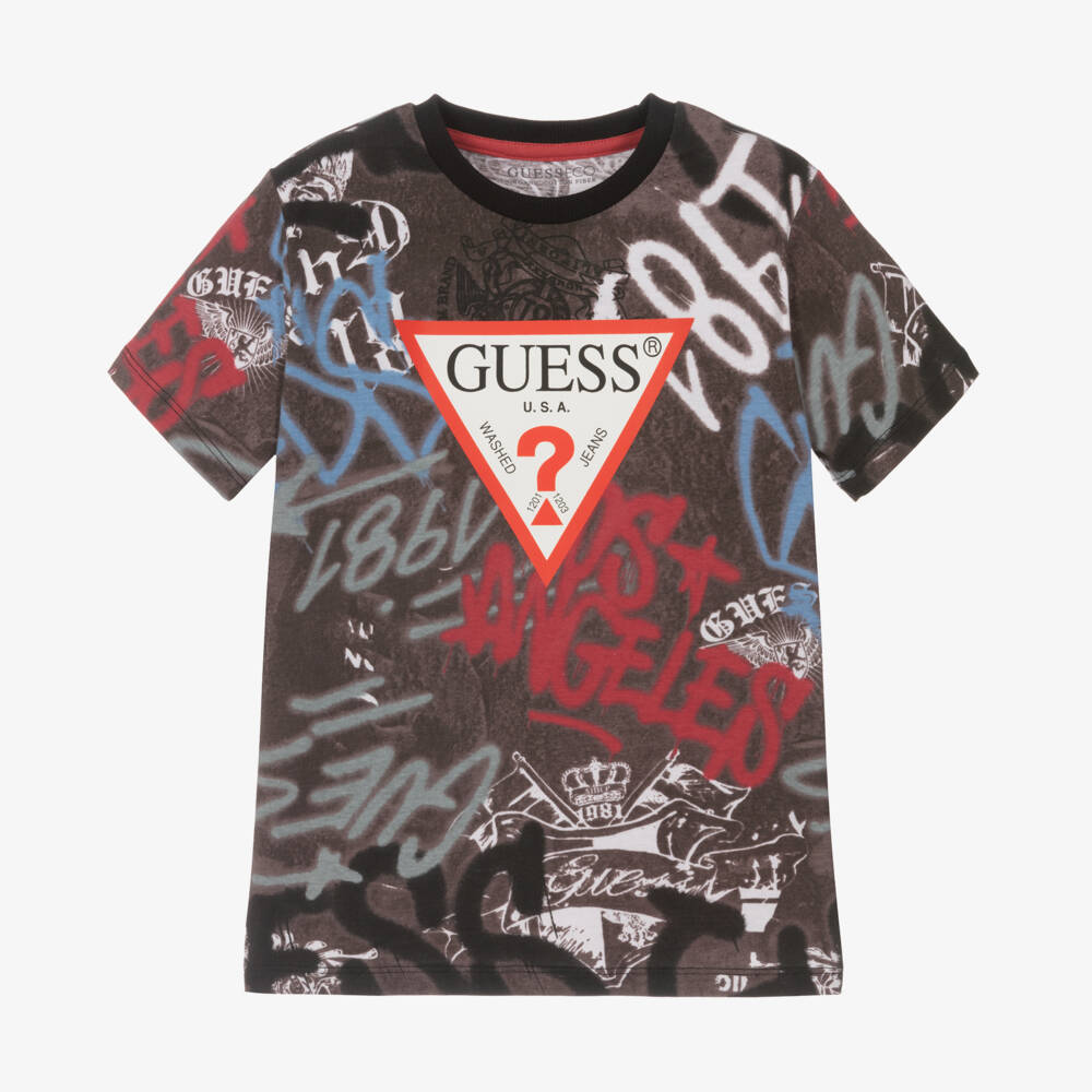 Guess-Футболка из хлопка с граффити коричневая для мальчиков | Childrensalon Outlet